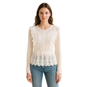 Cream Lace Eyelet Long Sleeve Peplum Blouse Top Zip Back Ladies M Boho Coquette
